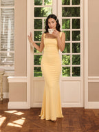 Elegant Butter Stretch Knit mermaid Square Neck Criss-Cross Straps Ankle-Length Bridesmaid Dress - Curvevia