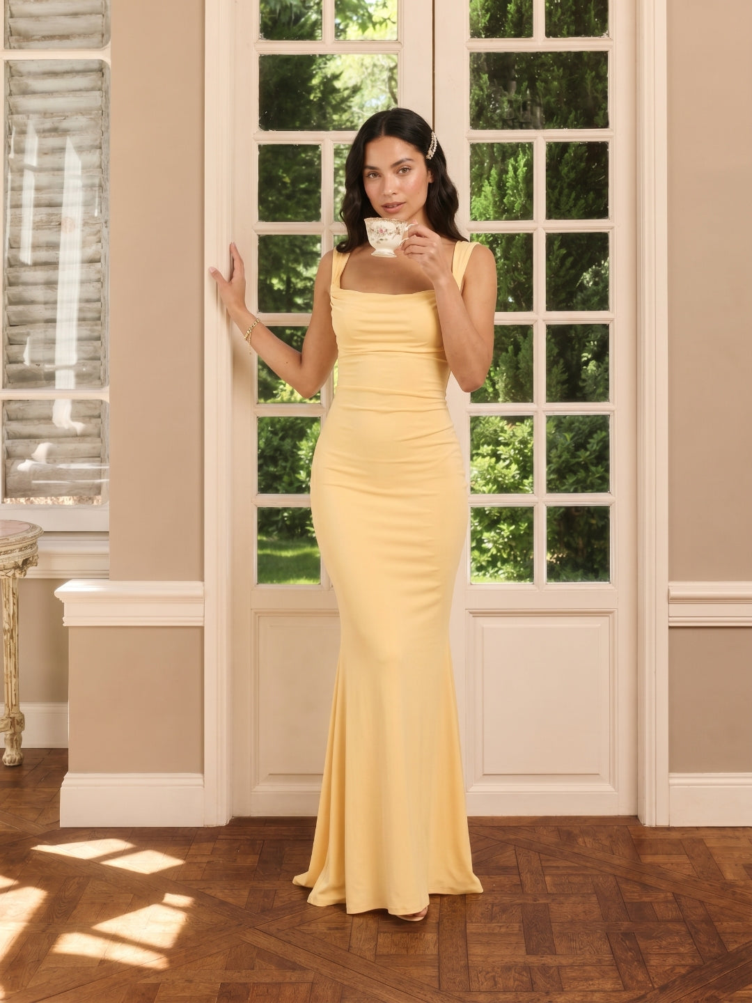 Elegant Butter Stretch Knit mermaid Square Neck Criss-Cross Straps Ankle-Length Bridesmaid Dress - Curvevia