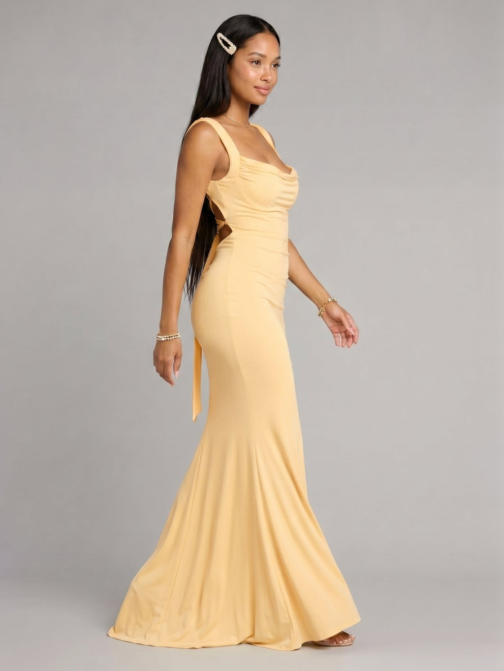 Elegant Butter Stretch Knit mermaid Square Neck Criss-Cross Straps Ankle-Length Bridesmaid Dress - Curvevia