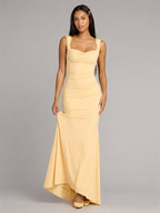 Elegant Butter Stretch Knit mermaid Square Neck Criss-Cross Straps Ankle-Length Bridesmaid Dress - Curvevia
