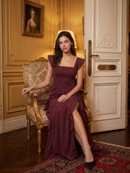 Elegant Cabernet Chiffon A-Line Square Neck Back Zip Ruffle Ankle-Length Bridesmaid Dress - Curvevia