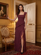 Elegant Cabernet Chiffon A-Line Square Neck Back Zip Ruffle Ankle-Length Bridesmaid Dress - Curvevia
