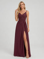 Elegant Cabernet Chiffon A-Line V-Neck Back Zip with Pleated Ankle-Length Bridesmaid Dress - Curvevia