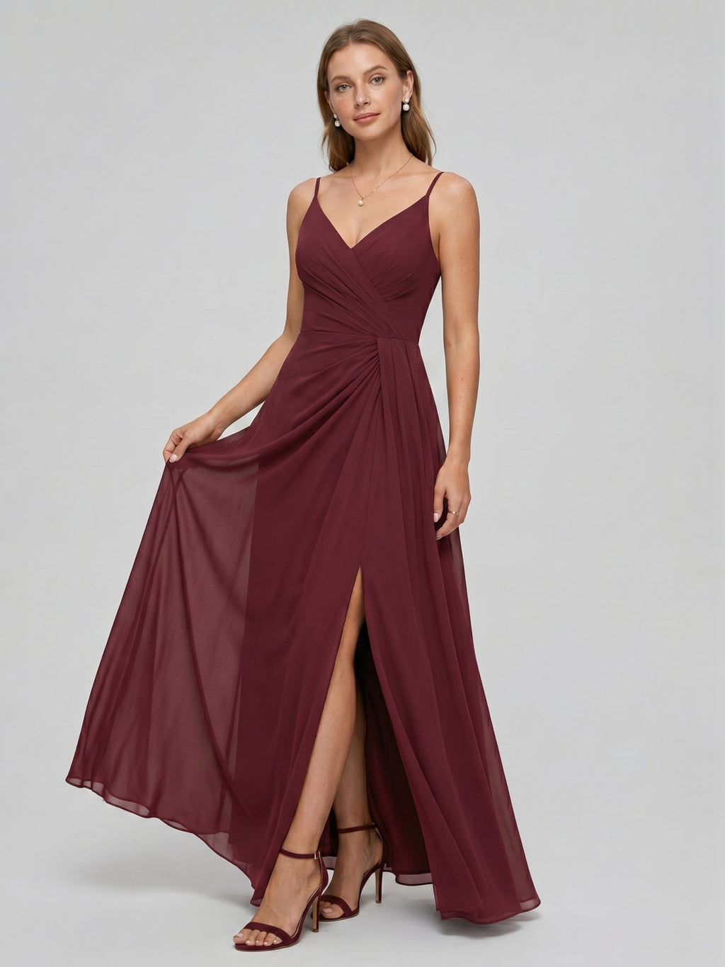 Elegant Cabernet Chiffon A-Line V-Neck Back Zip with Pleated Ankle-Length Bridesmaid Dress - Curvevia