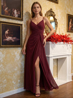 Elegant Cabernet Chiffon A-Line V-Neck Back Zip with Pleated Ankle-Length Bridesmaid Dress - Curvevia