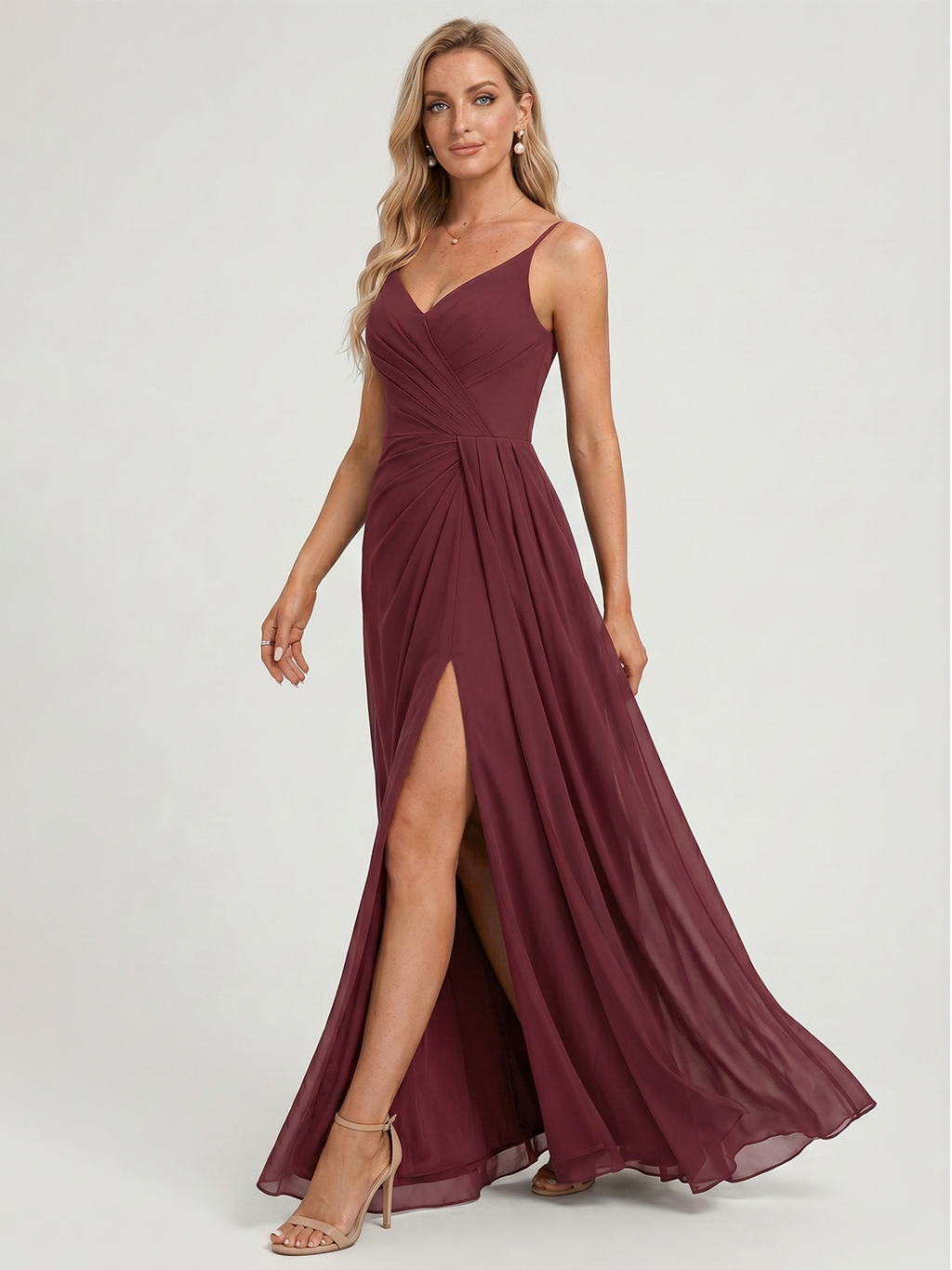 Elegant Cabernet Chiffon A-Line V-Neck Back Zip with Pleated Ankle-Length Bridesmaid Dress - Curvevia