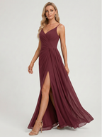 Elegant Cabernet Chiffon A-Line V-Neck Back Zip with Pleated Ankle-Length Bridesmaid Dress - Curvevia