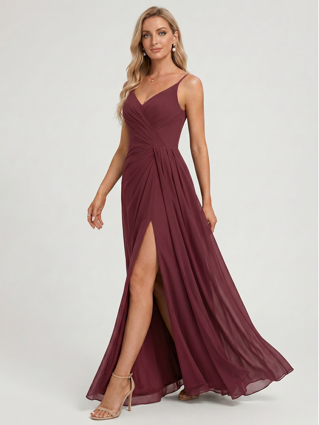 Elegant Cabernet Chiffon A-Line V-Neck Back Zip with Pleated Ankle-Length Bridesmaid Dress - Curvevia