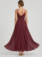 Elegant Cabernet Chiffon A-Line V-Neck Back Zip with Pleated Ankle-Length Bridesmaid Dress - Curvevia