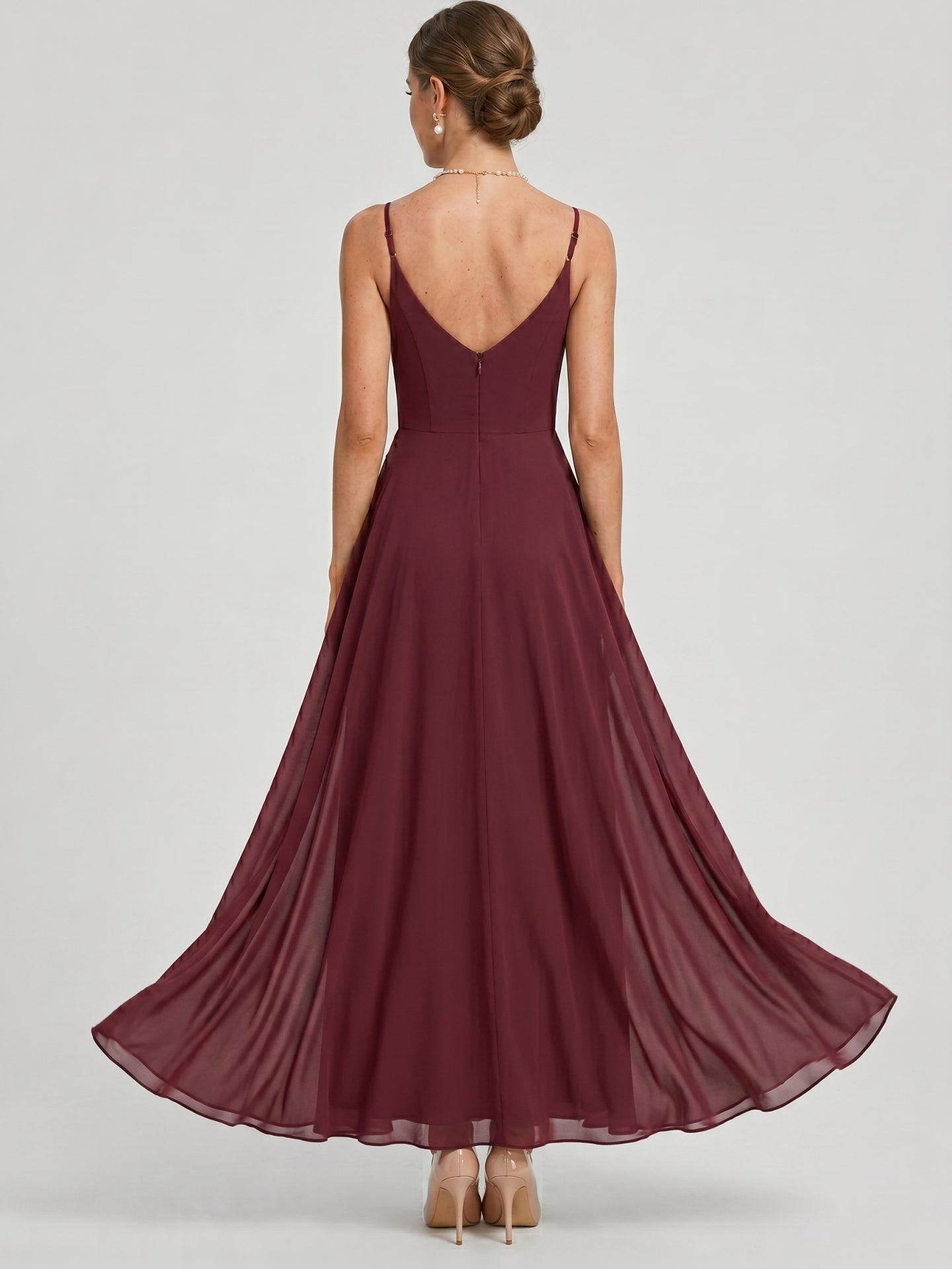 Elegant Cabernet Chiffon A-Line V-Neck Back Zip with Pleated Ankle-Length Bridesmaid Dress - Curvevia