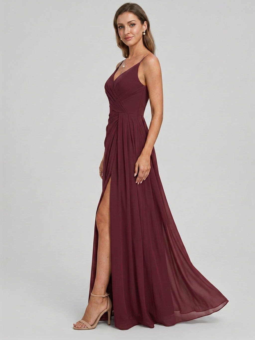 Elegant Cabernet Chiffon A-Line V-Neck Back Zip with Pleated Ankle-Length Bridesmaid Dress - Curvevia