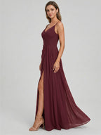 Elegant Cabernet Chiffon A-Line V-Neck Back Zip with Pleated Ankle-Length Bridesmaid Dress - Curvevia