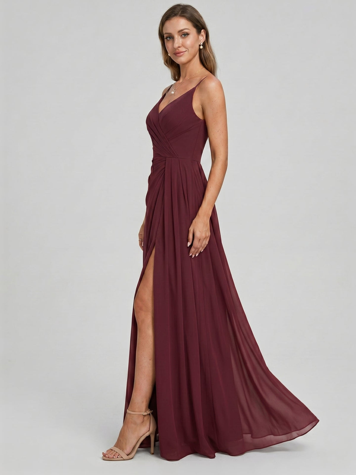 Elegant Cabernet Chiffon A-Line V-Neck Back Zip with Pleated Ankle-Length Bridesmaid Dress - Curvevia