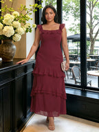 Elegant Cabernet Chiffon mermaid Square Neck Ankle-Length Bridesmaid Dress - Curvevia