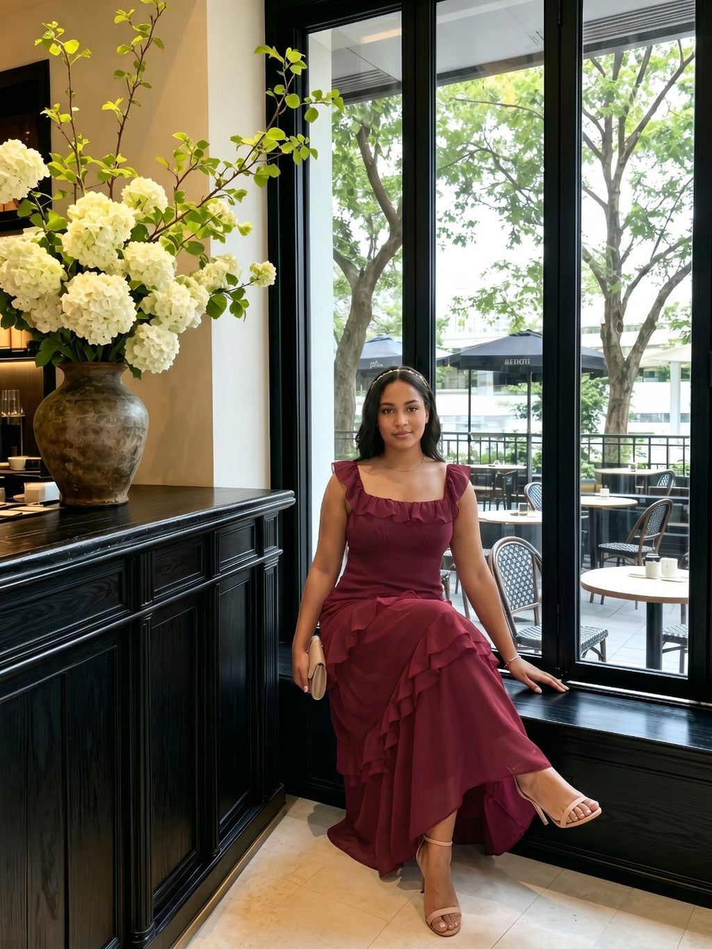 Elegant Cabernet Chiffon mermaid Square Neck Ankle-Length Bridesmaid Dress - Curvevia