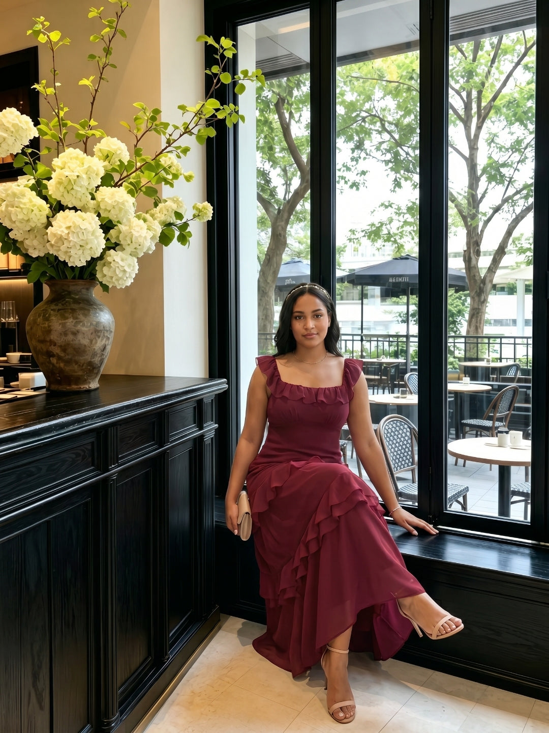 Elegant Cabernet Chiffon mermaid Square Neck Ankle-Length Bridesmaid Dress - Curvevia