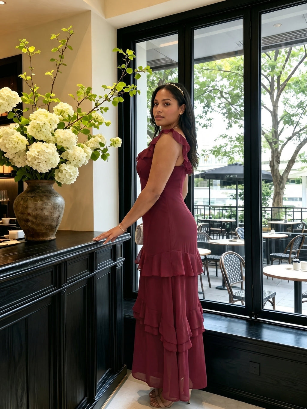 Elegant Cabernet Chiffon mermaid Square Neck Ankle-Length Bridesmaid Dress - Curvevia