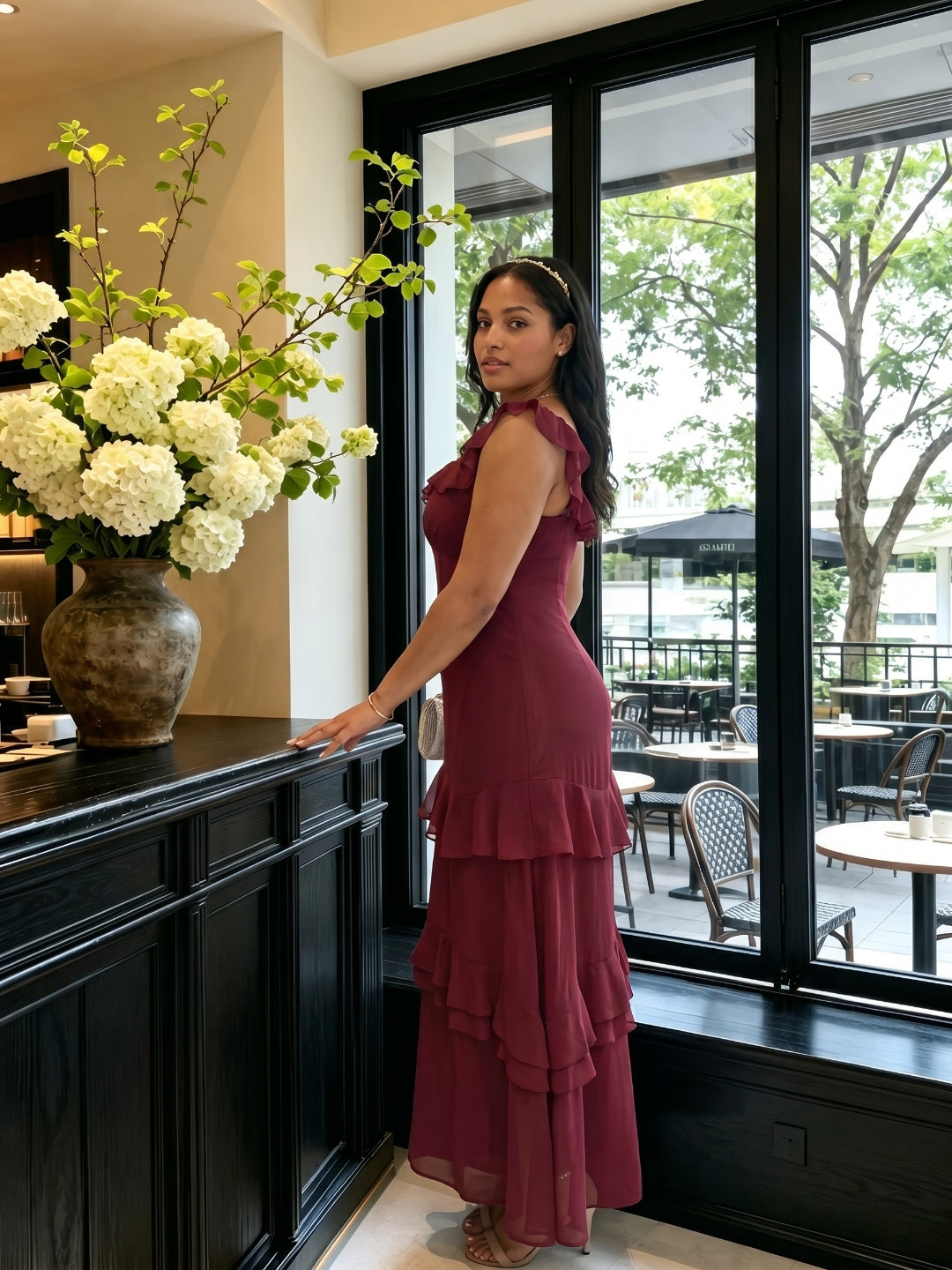 Elegant Cabernet Chiffon mermaid Square Neck Ankle-Length Bridesmaid Dress - Curvevia