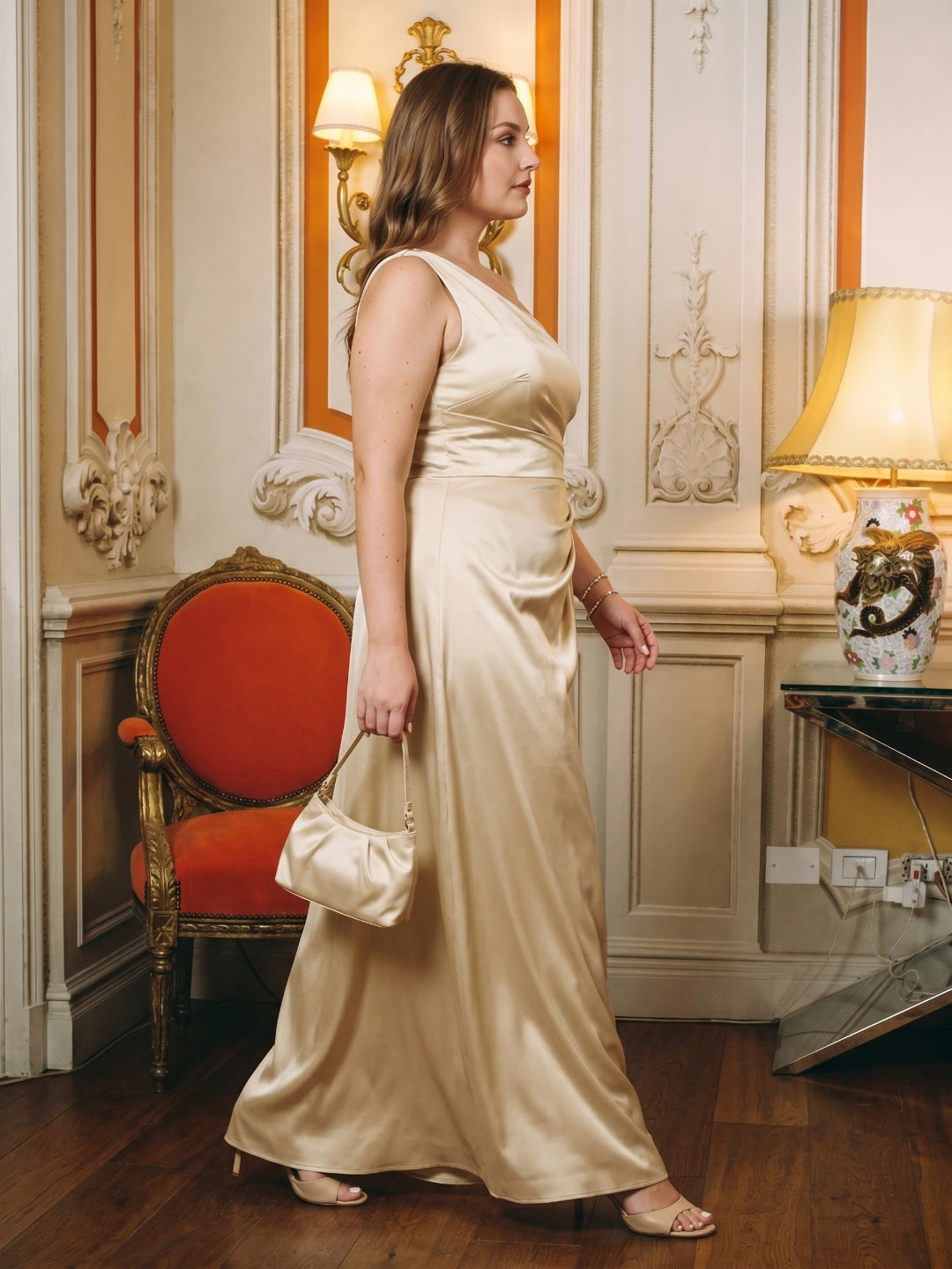 Elegant Champagne Satin A-Line One Shoulder Back Zip with nan Ankle-Length Plus Size Bridesmaid Dress - Curvevia