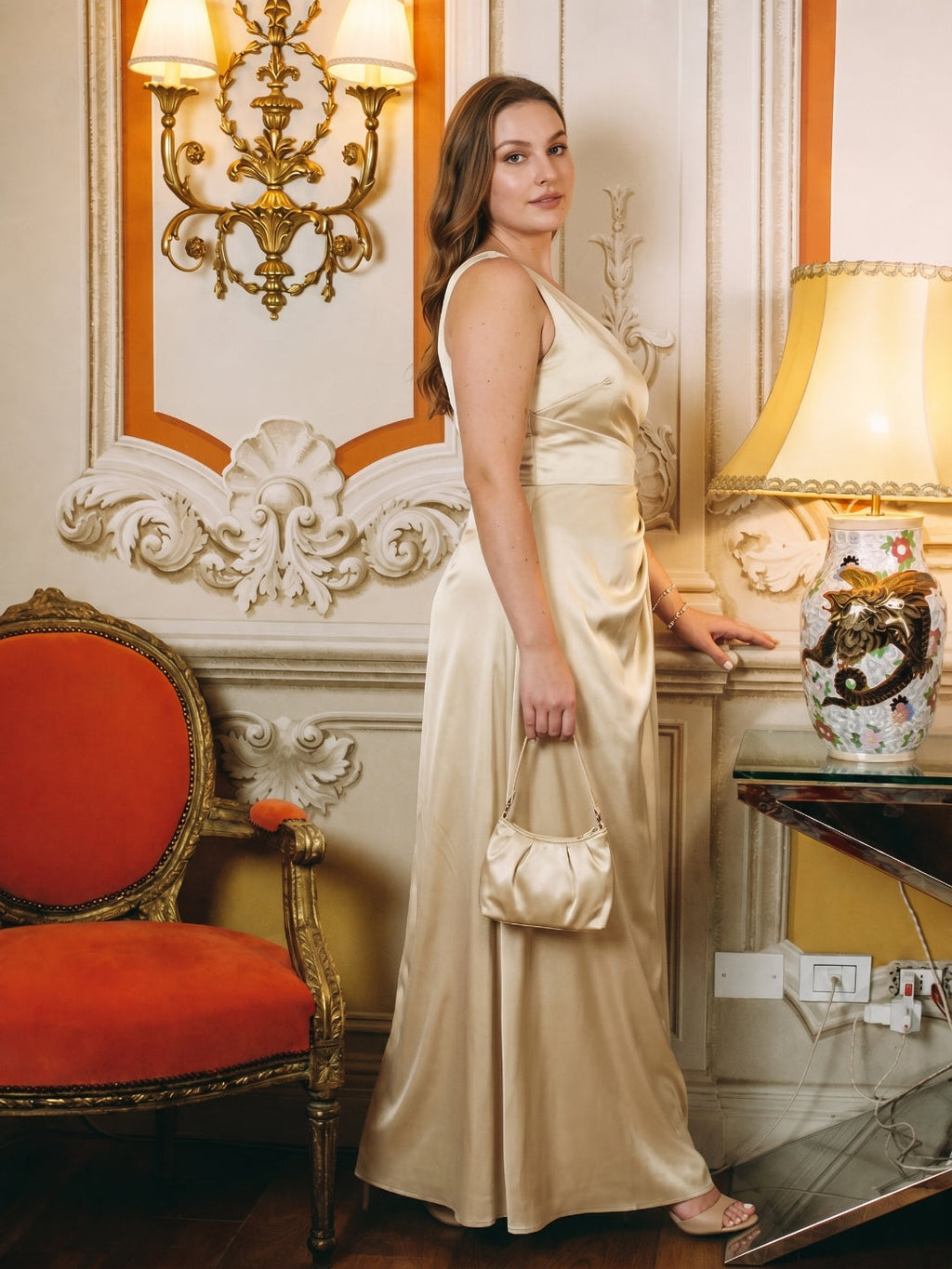 Elegant Champagne Satin A-Line One Shoulder Back Zip with nan Ankle-Length Plus Size Bridesmaid Dress - Curvevia