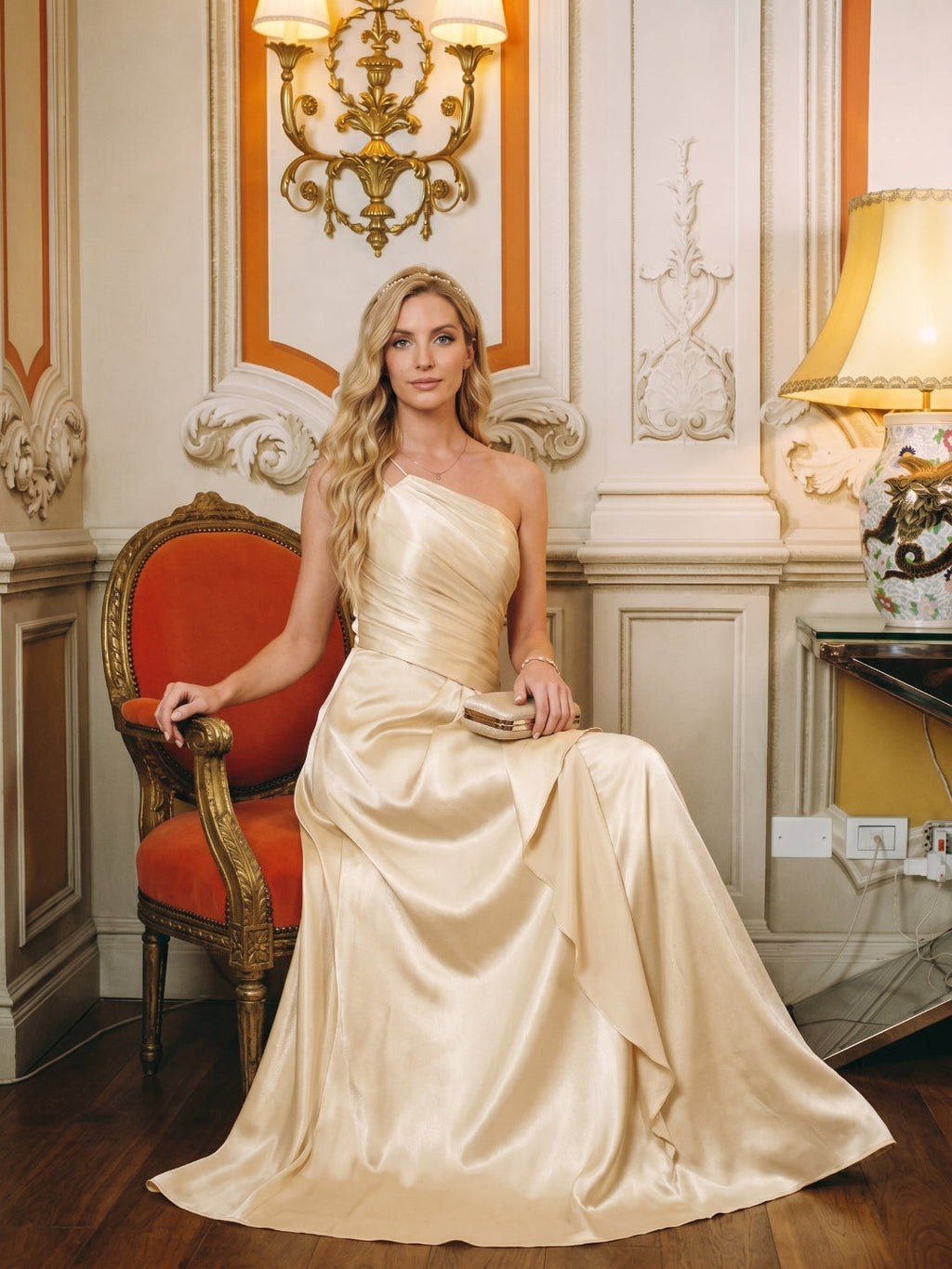 Elegant Champagne Satin A-Line Straight Neck Side Zip with Sash Detail Ankle-Length Bridesmaid Dress - Curvevia