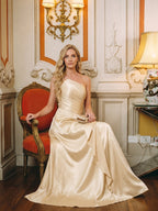 Elegant Champagne Satin A-Line Straight Neck Side Zip with Sash Detail Ankle-Length Bridesmaid Dress - Curvevia