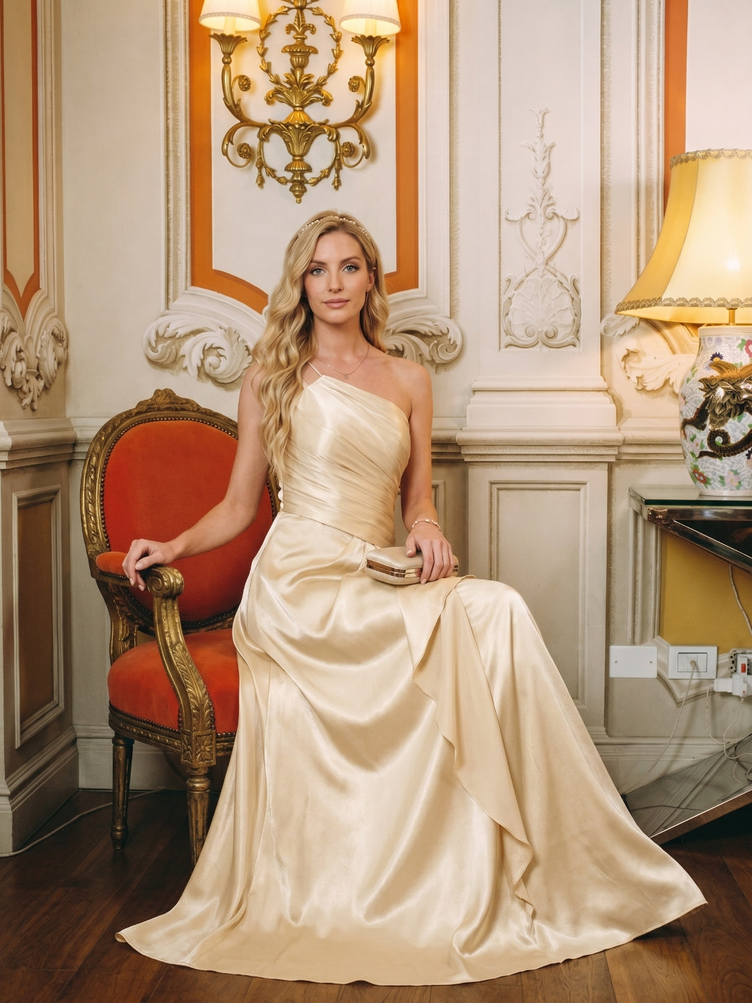 Elegant Champagne Satin A-Line Straight Neck Side Zip with Sash Detail Ankle-Length Bridesmaid Dress - Curvevia
