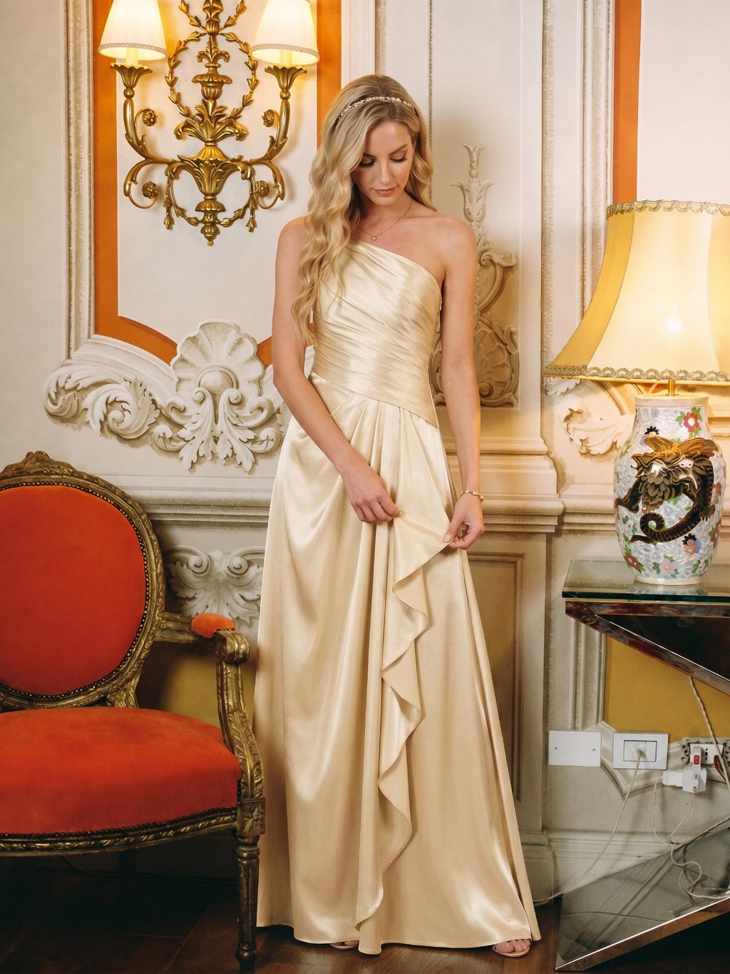 Elegant Champagne Satin A-Line Straight Neck Side Zip with Sash Detail Ankle-Length Bridesmaid Dress - Curvevia