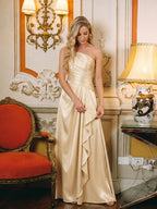 Elegant Champagne Satin A-Line Straight Neck Side Zip with Sash Detail Ankle-Length Bridesmaid Dress - Curvevia