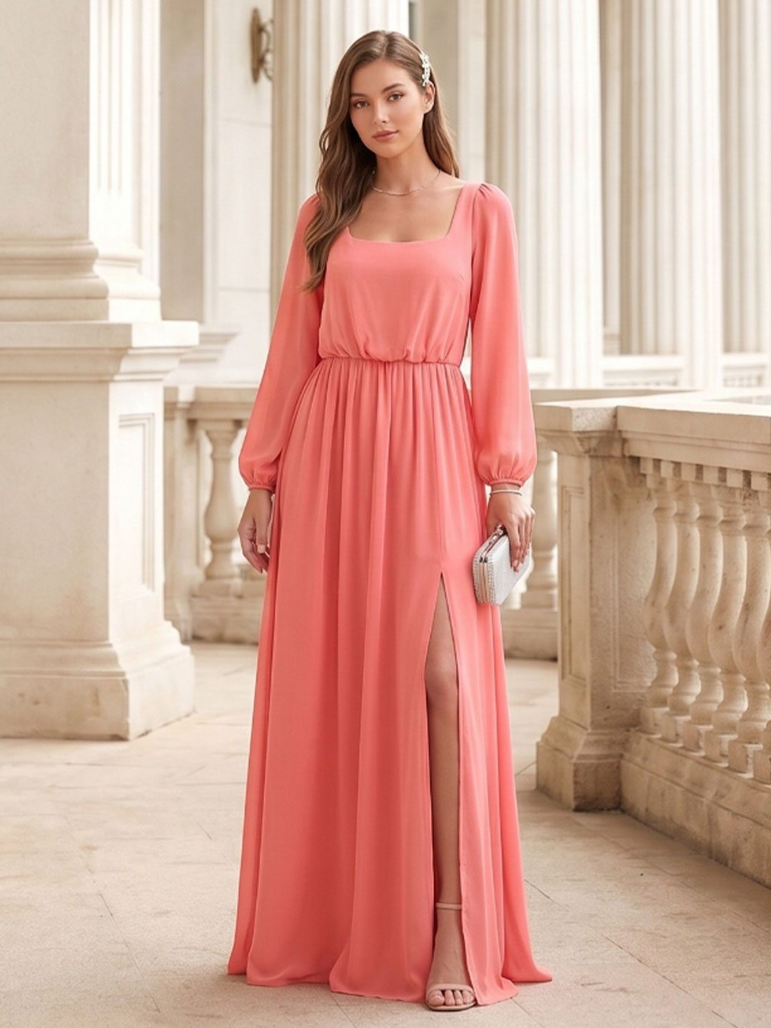 Elegant Coral Chiffon A-Line Square Neck Backless Ankle-Length Bridesmaid Dress - Curvevia