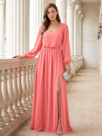 Elegant Coral Chiffon A-Line Square Neck Backless Ankle-Length Bridesmaid Dress - Curvevia