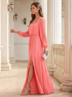 Elegant Coral Chiffon A-Line Square Neck Backless Ankle-Length Bridesmaid Dress - Curvevia
