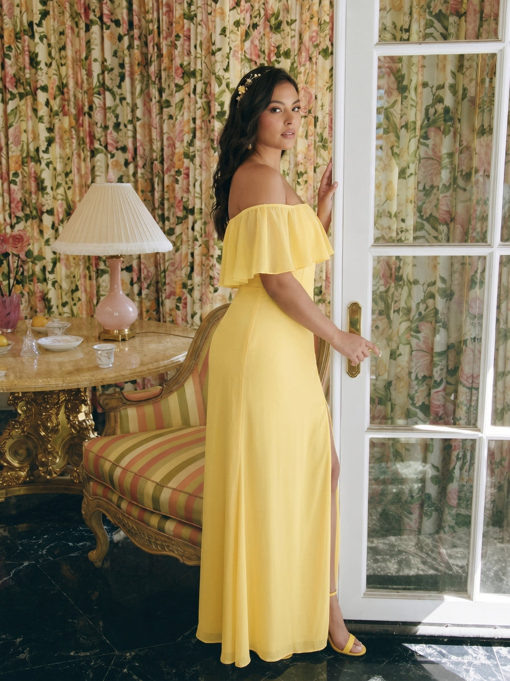 Elegant Daffodil Chiffon A-Line Off-the-Shoulder Back Zip with Ruffle Accents Ankle-Length Plus Size Bridesmaid Dress - Curvevia
