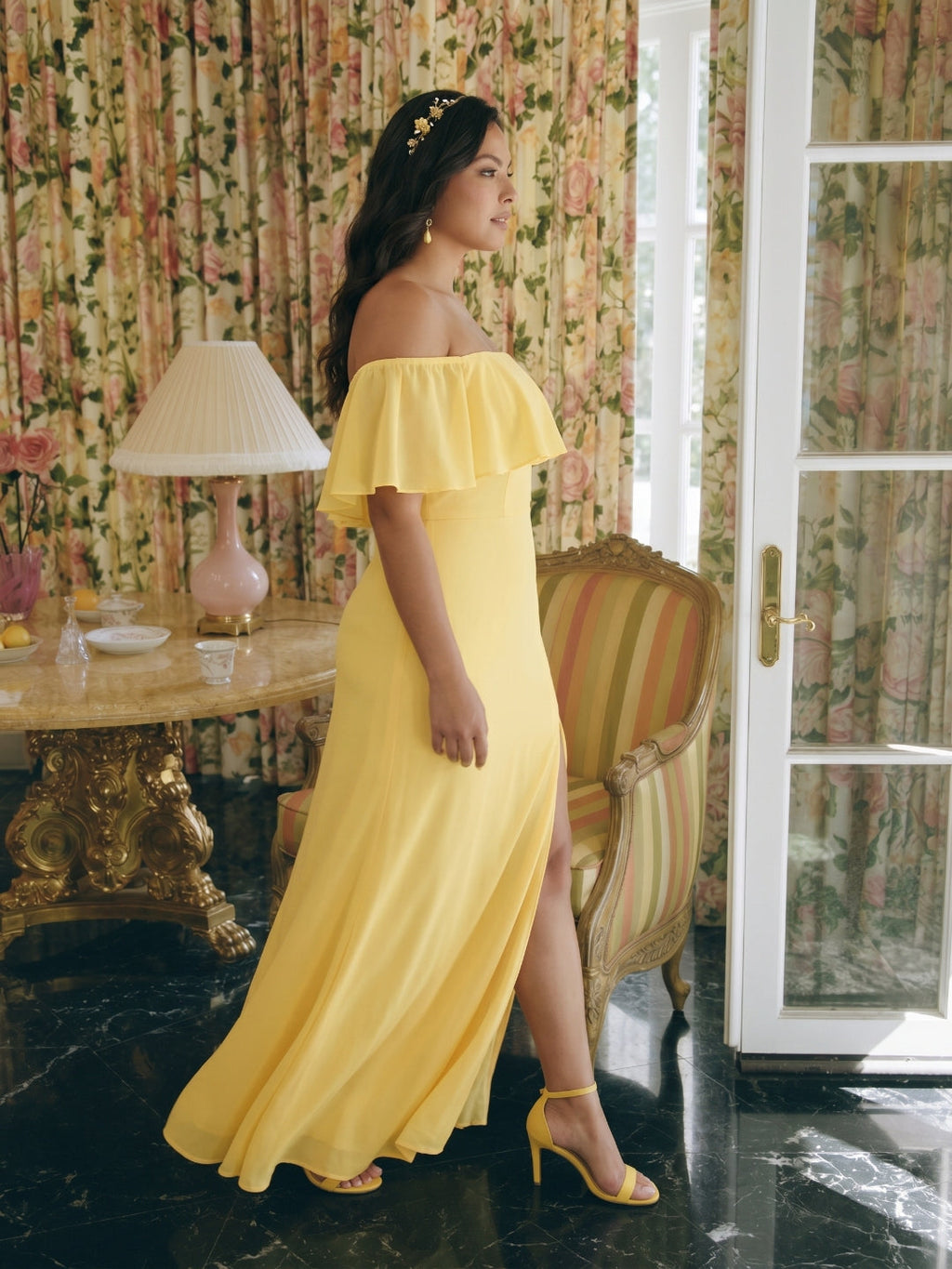 Elegant Daffodil Chiffon A-Line Off-the-Shoulder Back Zip with Ruffle Accents Ankle-Length Plus Size Bridesmaid Dress - Curvevia