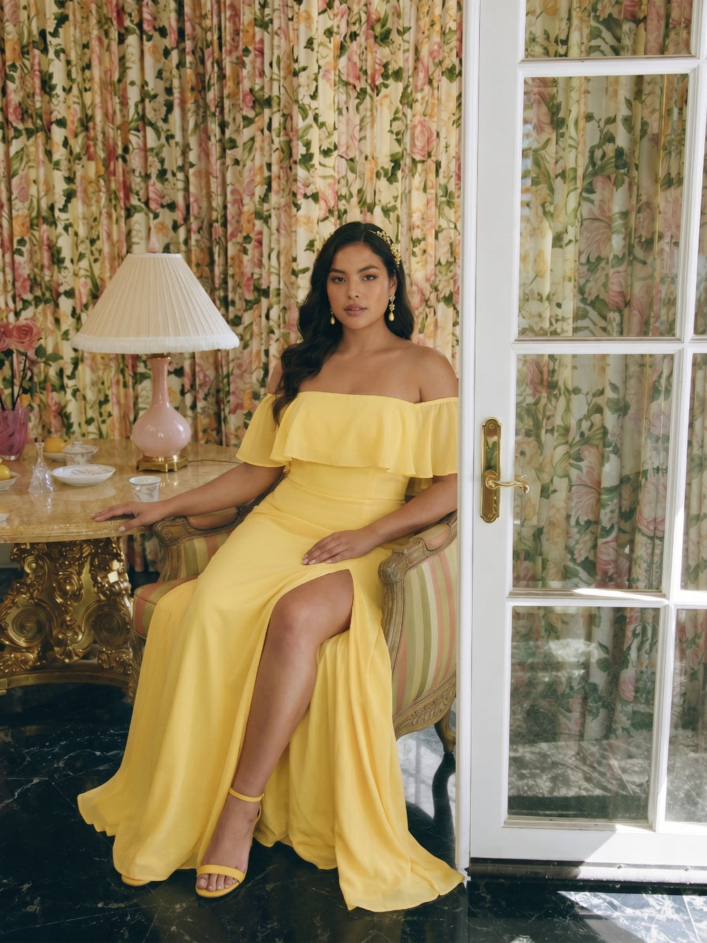 Elegant Daffodil Chiffon A-Line Off-the-Shoulder Back Zip with Ruffle Accents Ankle-Length Plus Size Bridesmaid Dress - Curvevia