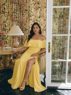 Elegant Daffodil Chiffon A-Line Off-the-Shoulder Back Zip with Ruffle Accents Ankle-Length Plus Size Bridesmaid Dress - Curvevia