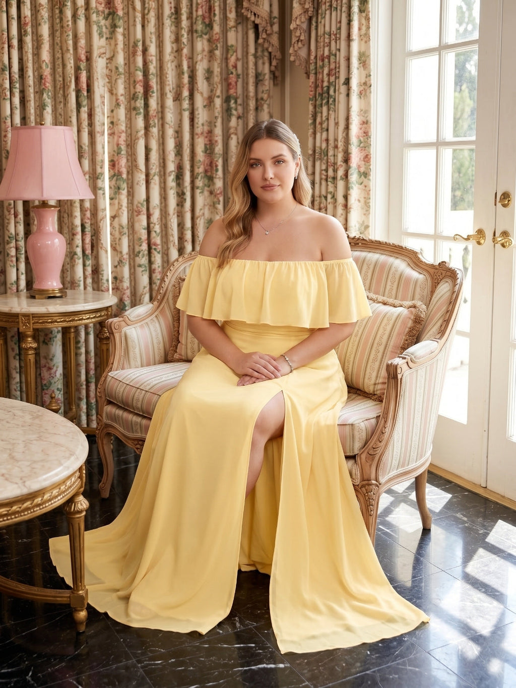 Elegant Daffodil Chiffon A-Line Straight Neck Backless Ankle-Length Plus Size Bridesmaid Dress - Curvevia