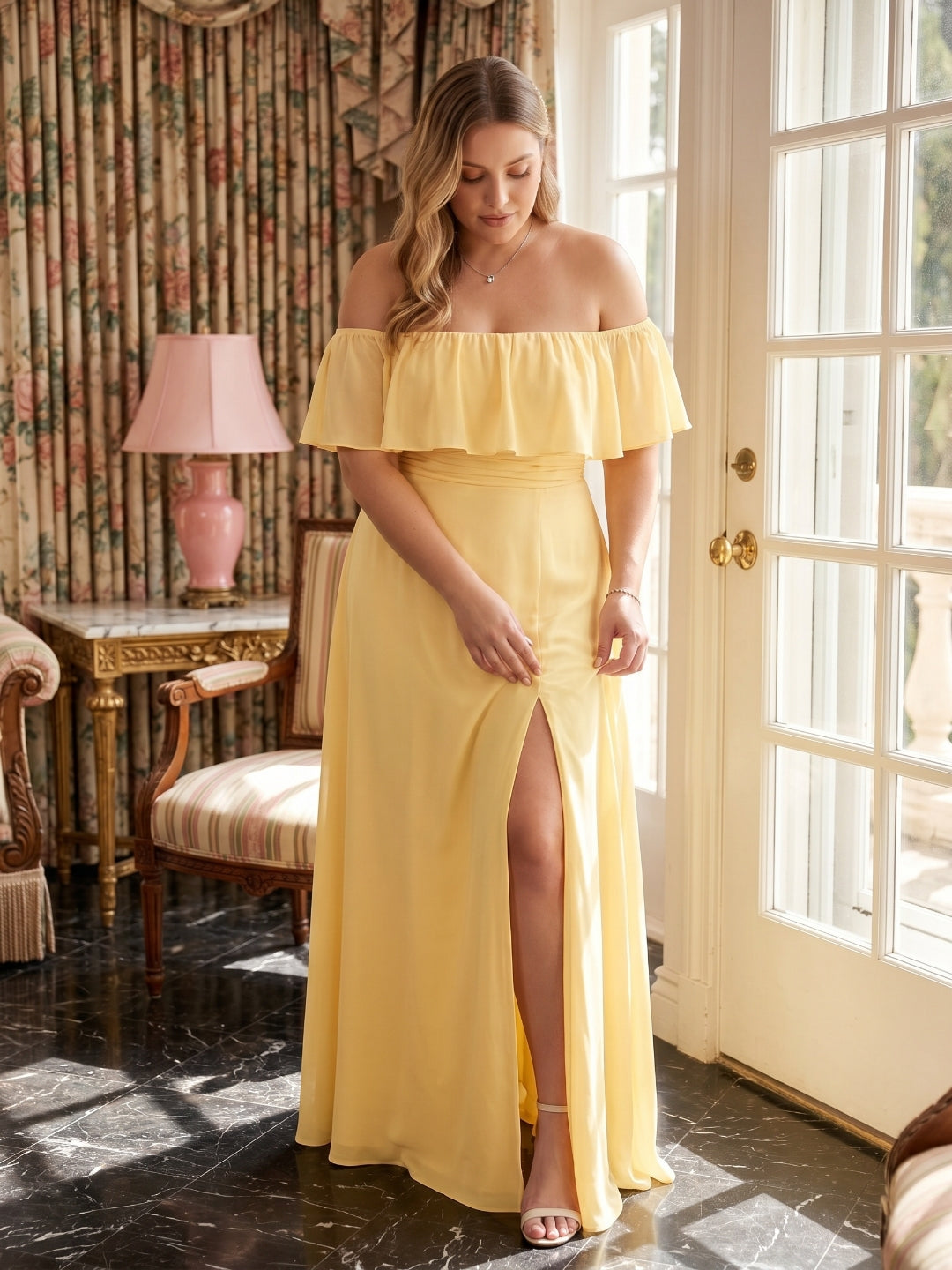 Elegant Daffodil Chiffon A-Line Straight Neck Backless Ankle-Length Plus Size Bridesmaid Dress - Curvevia