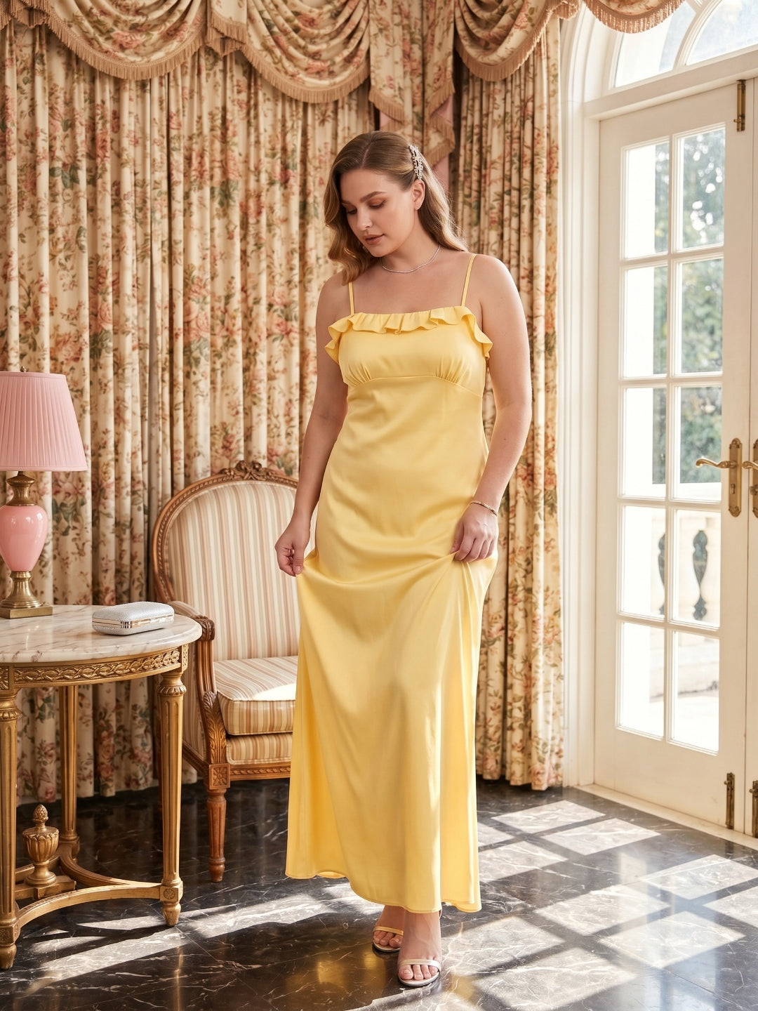 Elegant Daffodil Satin A-Line Straight Neck Backless Ankle-Length Plus Size Bridesmaid Dress - Curvevia