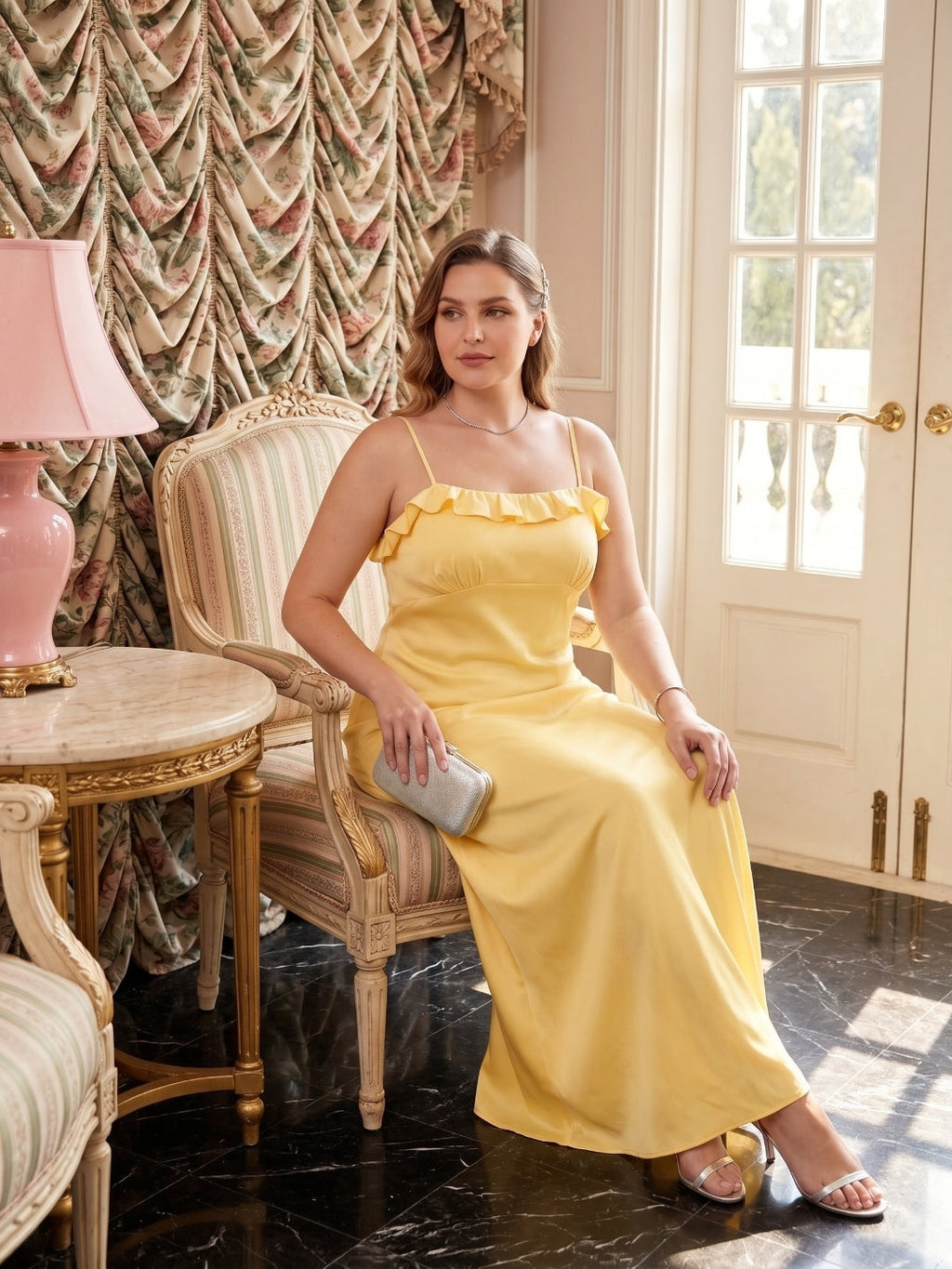 Elegant Daffodil Satin A-Line Straight Neck Backless Ankle-Length Plus Size Bridesmaid Dress - Curvevia