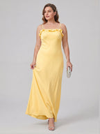Elegant Daffodil Satin A-Line Straight Neck Backless Ankle-Length Plus Size Bridesmaid Dress - Curvevia