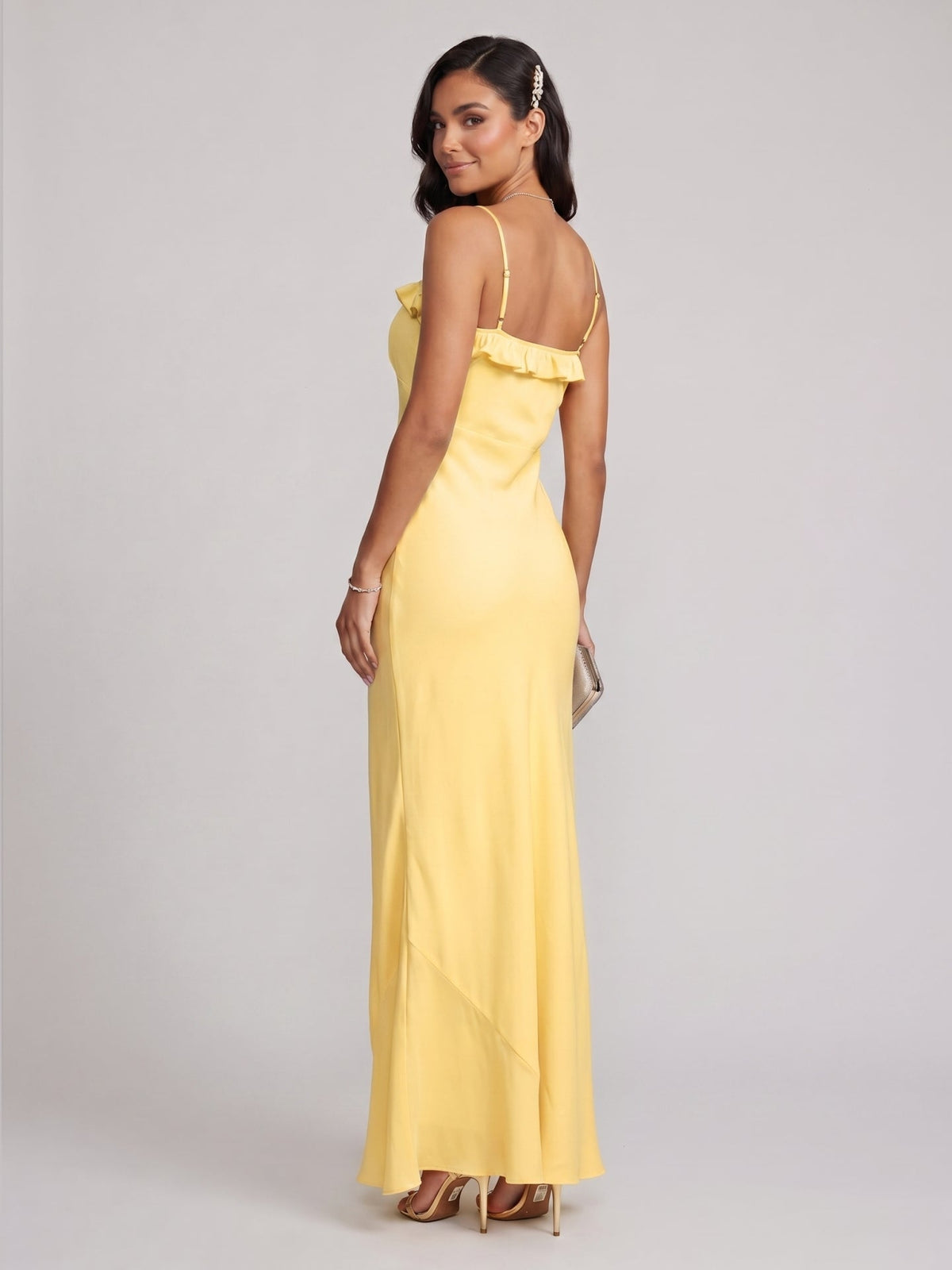 Elegant Daffodil Satin A-Line Straight Neck Backless Ankle-Length Plus Size Bridesmaid Dress - Curvevia