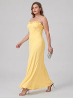 Elegant Daffodil Satin A-Line Straight Neck Backless Ankle-Length Plus Size Bridesmaid Dress - Curvevia