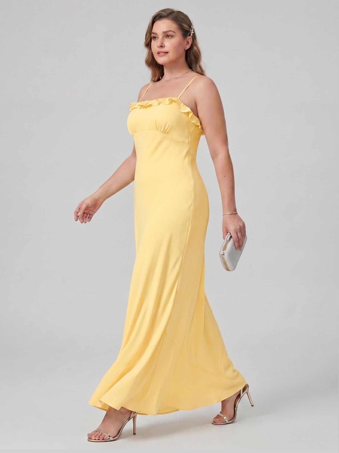 Elegant Daffodil Satin A-Line Straight Neck Backless Ankle-Length Plus Size Bridesmaid Dress - Curvevia