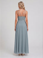 Elegant Dusty Blue Chiffon A-Line Scoop Neck Back Zip with Sash Detail Ankle-Length Bridesmaid Dress - Curvevia