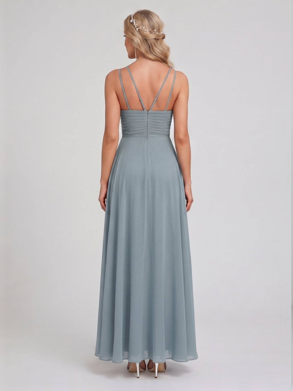 Elegant Dusty Blue Chiffon A-Line Scoop Neck Back Zip with Sash Detail Ankle-Length Bridesmaid Dress - Curvevia
