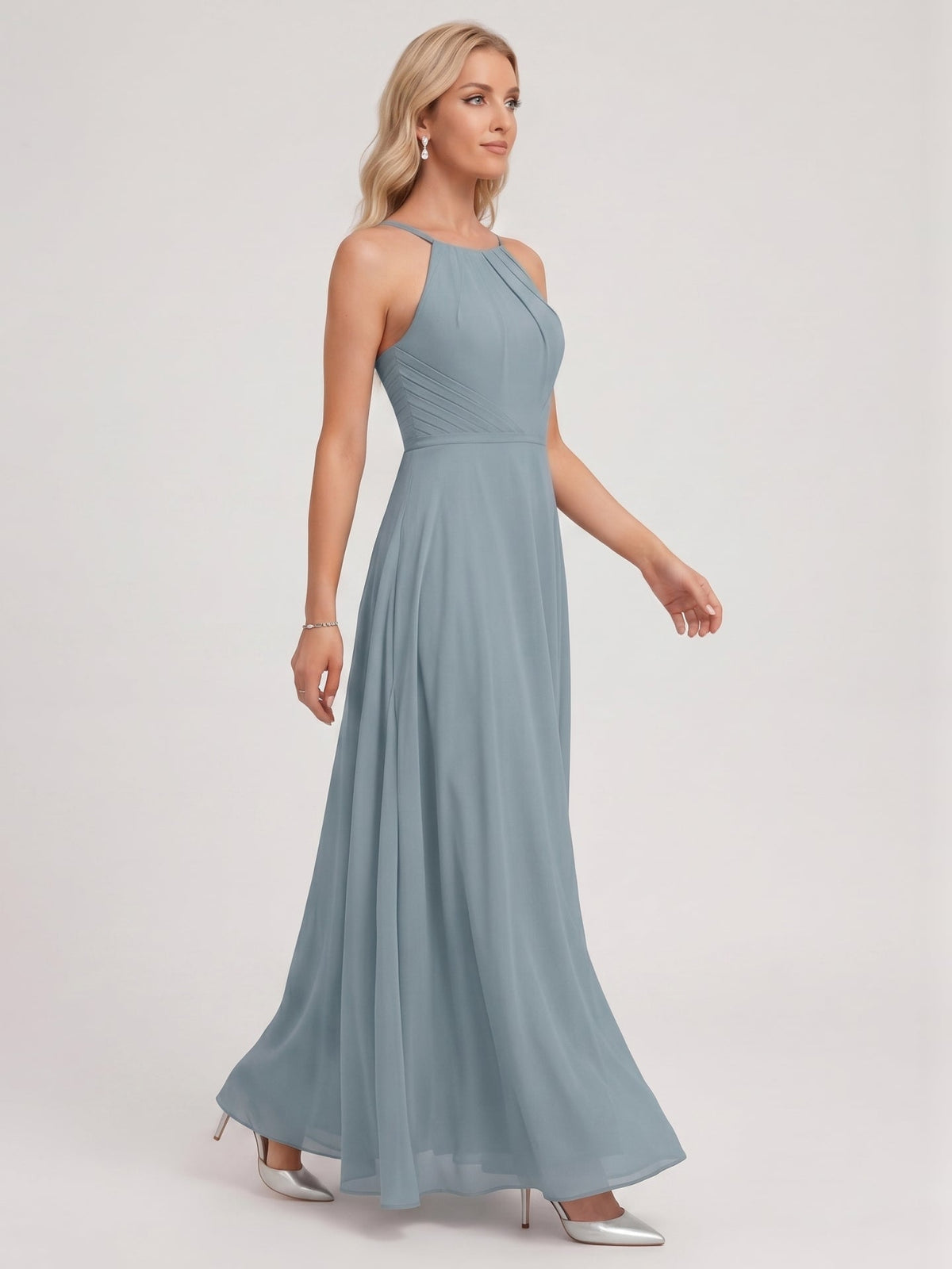 Elegant Dusty Blue Chiffon A-Line Scoop Neck Back Zip with Sash Detail Ankle-Length Bridesmaid Dress - Curvevia