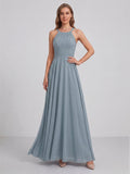 Elegant Dusty Blue Chiffon A-Line Scoop Neck Back Zip with Sash Detail Ankle-Length Bridesmaid Dress - Curvevia