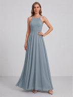 Elegant Dusty Blue Chiffon A-Line Scoop Neck Back Zip with Sash Detail Ankle-Length Bridesmaid Dress - Curvevia