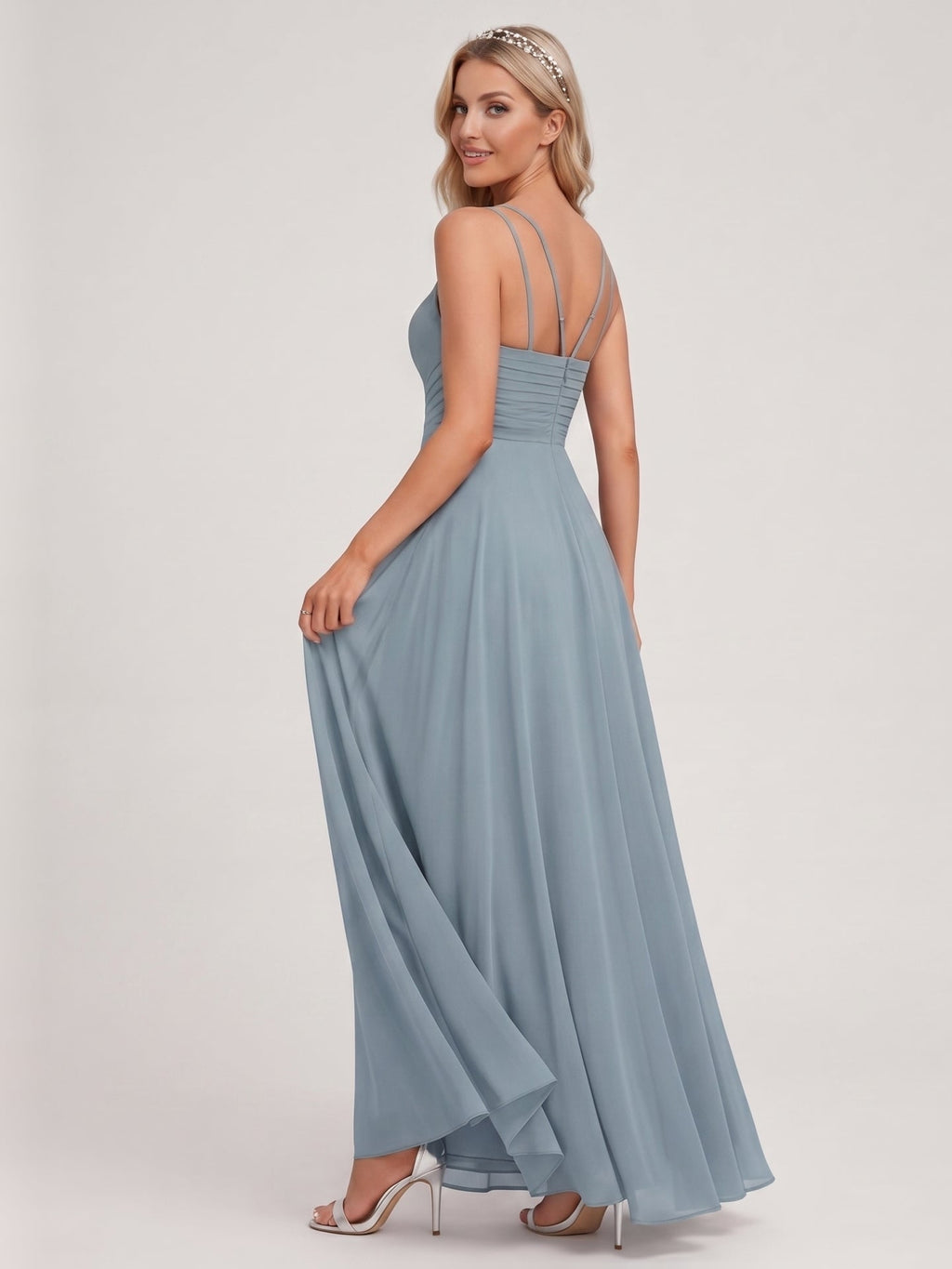 Elegant Dusty Blue Chiffon A-Line Scoop Neck Back Zip with Sash Detail Ankle-Length Bridesmaid Dress - Curvevia